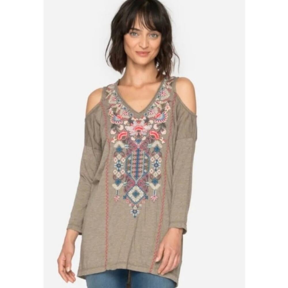 Johnny Was Nindi Gray Multicolor Boho Embroidered Cold Shoulder Top Size 1X